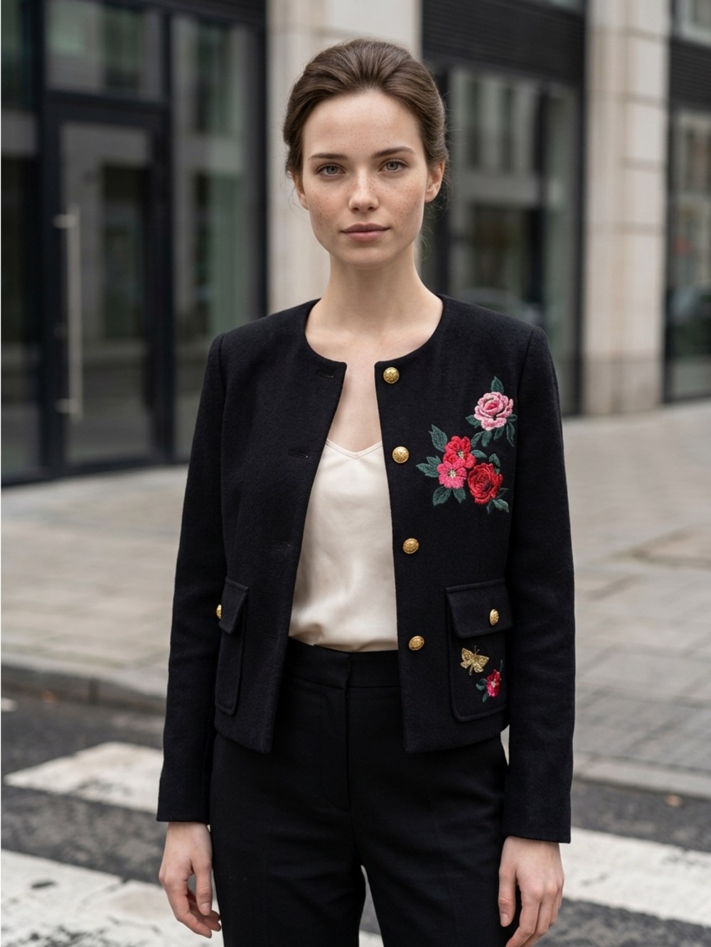 Bachrach Black Embroidered Floral Wool Blazer with Gold Buttons